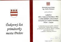 Ďakovný list primátorky mesta Prešov